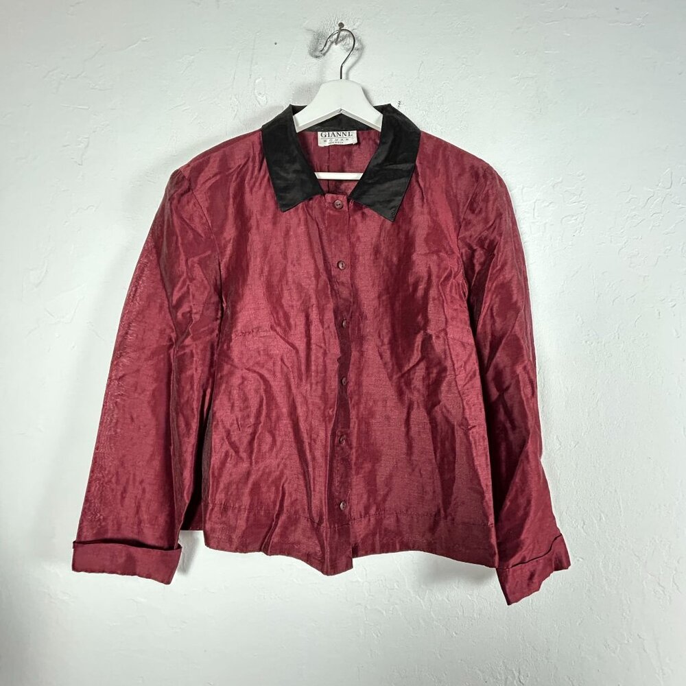 Gianni Woman Red & Black Linen Blend Button-Up Shirt Size 14 Long Sleeve Casual